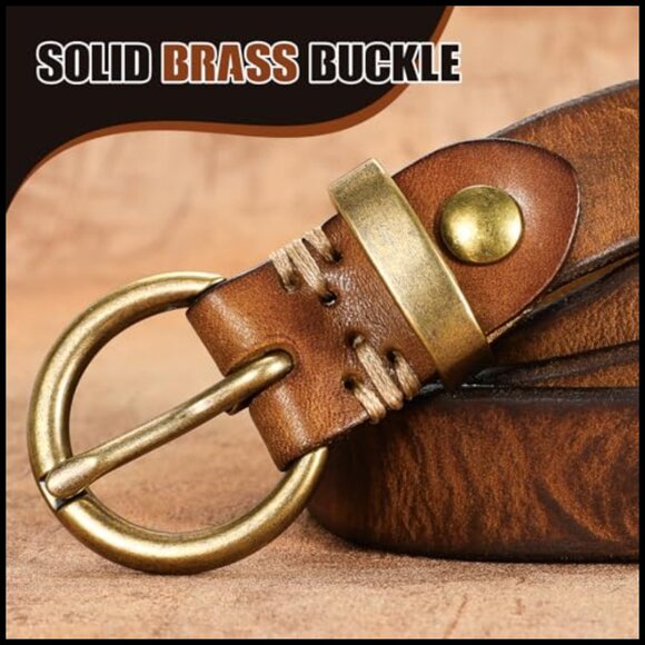 Genuine Leather Belt for Women Thin Skinny Waist Gold Buckle Vintage